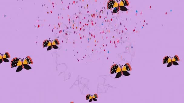 Animatie Van Confetti Vallende Met Oranje Vlinders Paarse Achtergrond Viering — Stockvideo