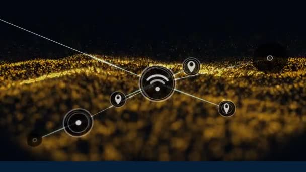 Анимация Сети Соединений Иконами Светящейся Золотой Сетке Глобальных Соединений Технологий — стоковое видео