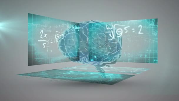 Анімація Людського Мозку Обертається Цифровою Обробкою Даних Екранах Глобальна Наука — стокове відео
