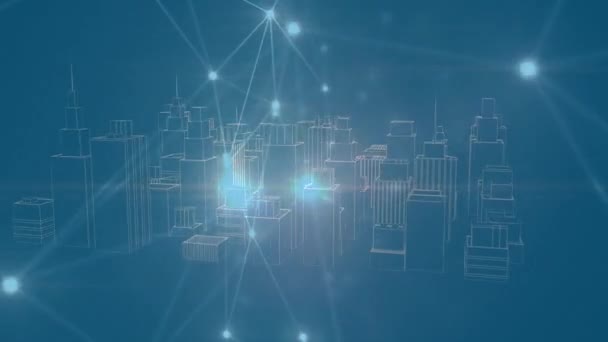 Animación Redes Conexiones Sobre Paisaje Urbano Sobre Fondo Azul Arquitectura — Vídeo de stock