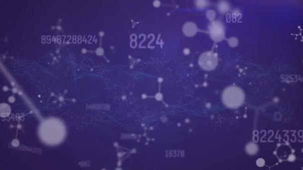 Animation Von Verbindungsnetzen Mit Zahlen Und Molekülen Auf Blauem Hintergrund — Stockvideo