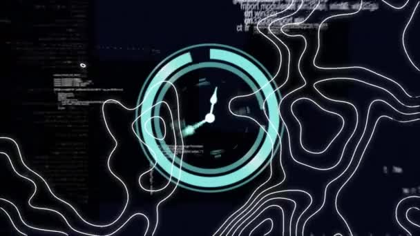 Animación Del Reloj Movimiento Rápido Procesamiento Datos Con Líneas Mapa — Vídeos de Stock