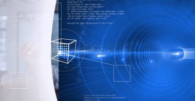 Beyaz teknoloji arka planına karşı ikili kodlama veri işleme ve geometrik şekiller. bilgisayar arayüzü ve teknoloji kavramı
