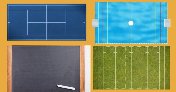 Digitally Generated Image Multiple Sports Field Layouts Orange Background Sports — Stock Photo, Image