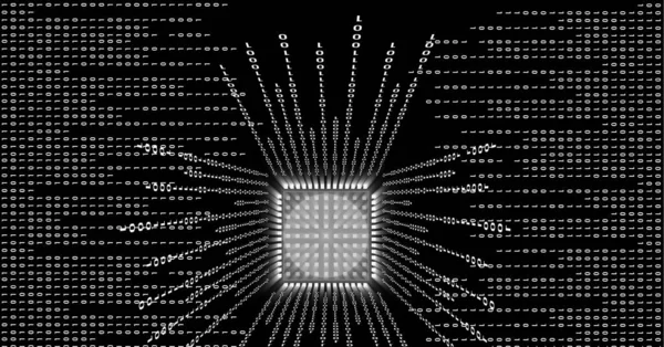 Przetwarzanie Danych Binarnych Przez Mikroprocesor Czarnym Tle Koncepcja Bezpieczeństwa Cybernetycznego — Zdjęcie stockowe