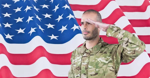 Composition Male Soldier Saluting American Flag American Patriotism Independence Celebration — Stock Photo, Image