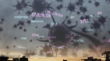 Çoklu değişen sayılar ve gökyüzündeki bulutlara karşı yüzen covid-19 hücreleri. Coronavirus covid-19 tıbbi araştırma konsepti