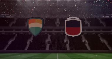 Arka plandaki spor stadyumuna karşı iki takımın üzerine renkli bir konfeti düştü. Spor yarışması ve turnuva konsepti