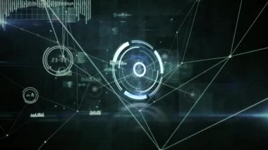 Yuvarlak tarayıcının dijital animasyonu ve siyah arkaplandaki ışık noktası üzerindeki bağlantı ağı. küresel ağ ve teknoloji kavramı