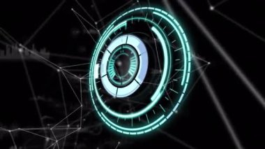 Yuvarlak tarayıcının dijital animasyonu siyah arkaplandaki bağlantı ağına karşı. küresel ağ ve teknoloji kavramı
