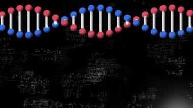 Siyah zemin üzerinde matematiksel denklemlere karşı dönen DNA yapısının dijital animasyonu. Bilim ve matematiksel araştırma teknolojisi kavramı