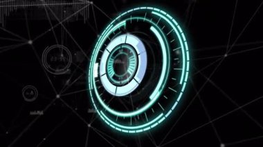 Yuvarlak tarayıcının dijital animasyonu siyah arkaplandaki bağlantı ağına karşı. küresel ağ ve teknoloji kavramı