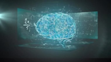 Matematiksel denklemler ve yeşil arkaplanda ışık noktası olan ekranlara karşı dönen insan beyni. tıbbi araştırma ve bilim teknolojisi kavramı