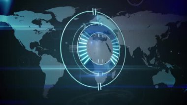 Dünya haritası üzerinde neon yuvarlak tarayıcının dijital animasyonu ve mavi arkaplanda veri işleme. küresel ağ ve teknoloji kavramı