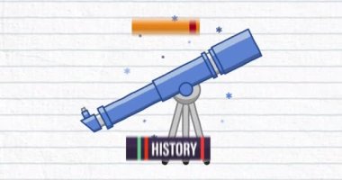 Teleskop simgesine karşı arkaplandaki beyaz çizgi kağıdına karşı kitapların dijital animasyonu. Okula ve eğitim konseptine dönüş