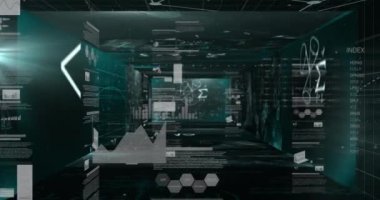 Siyah arkaplana karşı istatistiksel veri işlemesine karşı yüzen matematiksel denklemler. bilgisayar arayüzü ve teknoloji kavramı