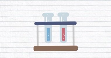 Arka planda beyaz çizgi kağıdına karşı hareket eden test tüplerinin dijital animasyonu. Okula ve eğitim konseptine dönüş