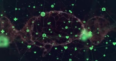 Siyah arka planda dönen insan beynine karşı tıbbi ikon ağının dijital animasyonu. tıbbi araştırma ve bilim teknolojisi kavramı