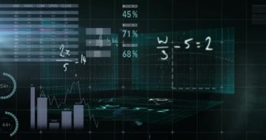 Siyah arkaplana karşı istatistiksel veri işlemesine karşı yüzen matematiksel denklemler. bilgisayar arayüzü ve teknoloji kavramı