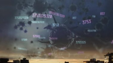 Çoklu değişen sayılar ve gökyüzündeki bulutlara karşı yüzen covid-19 hücreleri. Coronavirus covid-19 tıbbi araştırma konsepti