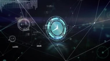 Neon saat siyah arkaplanda bağlantı ağı ve veri işleme ağı üzerinde çalışıyor. küresel ağ ve teknoloji kavramı