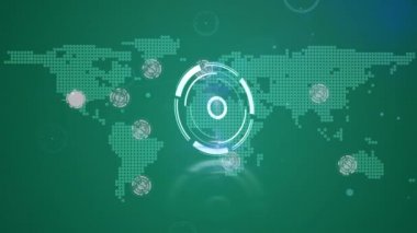 Yuvarlak tarayıcı ve dünya haritasında yeşil arkaplan ile bağlantı ağı. küresel ağ ve teknoloji kavramı