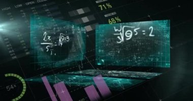 Siyah arkaplana karşı istatistiksel veri işlemesine karşı yüzen matematiksel denklemler. bilgisayar arayüzü ve teknoloji kavramı