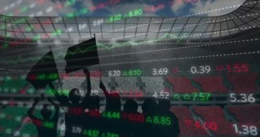 Arka planda taraftarların tezahürat yapması ve spor stadyumunun silüetine karşı borsa veri işleme programı. Spor yarışması ve turnuva konsepti