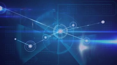 Yuvarlak tarayıcıya ve mavi arkaplanda ışık izlerine karşı bağlantılar ağı. küresel ağ ve teknoloji kavramı