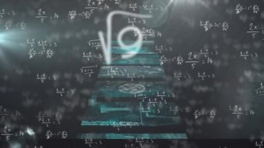 Veri işleme ile ekranlara karşı yüzen matematiksel denklemlerin dijital animasyonu. bilgisayar arayüzü ve matematiksel araştırma teknolojisi kavramı