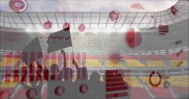 Spor stadyumuna tezahürat eden taraftarların silueti üzerinden Coronavirus istatistiksel veri işleme. Coronavirus covid-19 salgını sırasında spor müsabakası ve turnuva