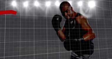 Afrika kökenli Amerikalı erkek boksöre karşı şebeke ağında çok sayıda kırmızı grafik hareket ediyor. Spor yarışması ve turnuva konsepti