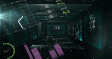 Siyah arkaplana karşı istatistiksel veri işlemesine karşı yüzen matematiksel denklemler. bilgisayar arayüzü ve teknoloji kavramı