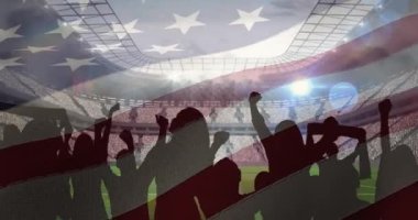Taraftarların siluetine karşı Amerikan bayrağı sallamak arka planda tezahürat ve spor stadyumu. Spor yarışması ve turnuva konsepti