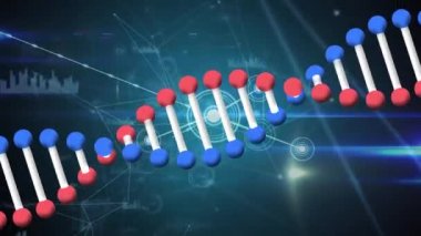 Bağlantılar ve veri işleme ağına karşı dönen DNA yapısının dijital animasyonu. tıbbi araştırma ve bilim teknolojisi kavramı