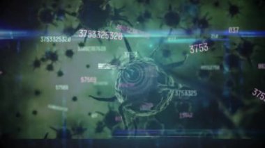 Çoklu değişen sayılar ve dönen dünya ve veri işlemesine karşı yüzen covid-19 hücreleri. Coronavirus covid-19 tıbbi araştırma konsepti