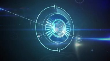 Yuvarlak tarayıcının dijital animasyonu mavi arkaplandaki bağlantı ağıyla karşılaştırılıyor. küresel ağ ve teknoloji kavramı