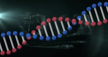 Matematiksel denklemlere karşı siyah arkaplan üzerinde dönen DNA yapısı. tıbbi araştırma ve bilim teknolojisi kavramı