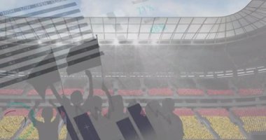 Arka planda taraftarların tezahürat yapması ve spor stadyumunun siluetine karşı istatistiksel veri işleme. Spor yarışması ve turnuva konsepti