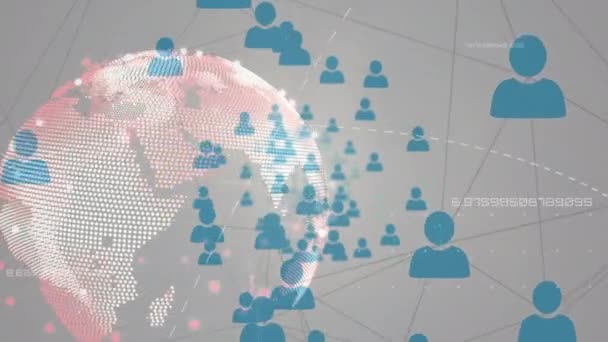 Cyfrowa Animacja Sieci Ikon Profili Wirującym Globusie Szarym Tle Globalna — Wideo stockowe
