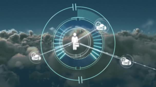 Rede Ícones Digitais Sobre Scanner Redondo Contra Nuvens Escuras Contra — Vídeo de Stock