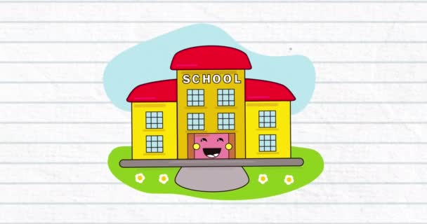 学校建筑图标在白纸背景下移动的数字动画 回到学校和教育的概念 — 图库视频影像