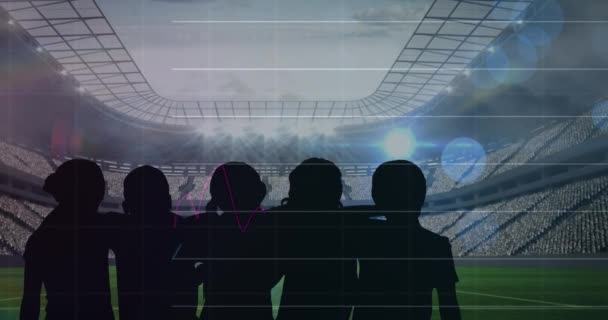 Statistische Datenverarbeitung Gegen Silhouette Von Jubelnden Fans Und Sportstadion Hintergrund — Stockvideo