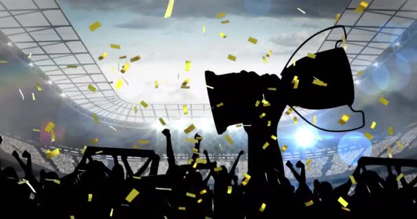 Coriandoli Oro Che Cadono Sopra Silhouette Tifosi Tifo Stadio Sportivo — Video Stock