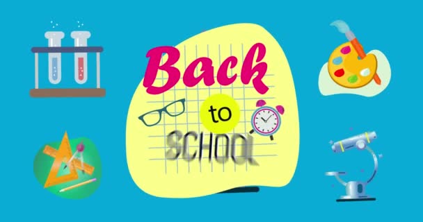 青の背景に学校の概念のアイコンに対する学校のテキストに戻るのデジタルアニメーション 学校や教育の概念に戻り — ストック動画