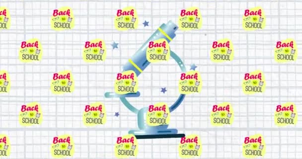 Mehrere Schultextbanner Schweben Über Dem Mikroskopsymbol Gegen Kariertes Liniertes Papier — Stockvideo