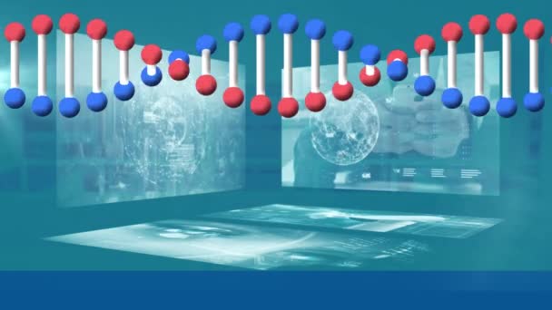 Структура Dna Обертається Навколо Декількох Екранів Обробкою Медичних Даних Синьому — стокове відео