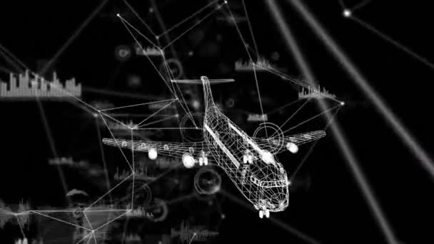 Uçak Modelinin Dijital Animasyonu Siyah Arkaplandaki Bağlantı Ağına Karşı Dönüyor — Stok video