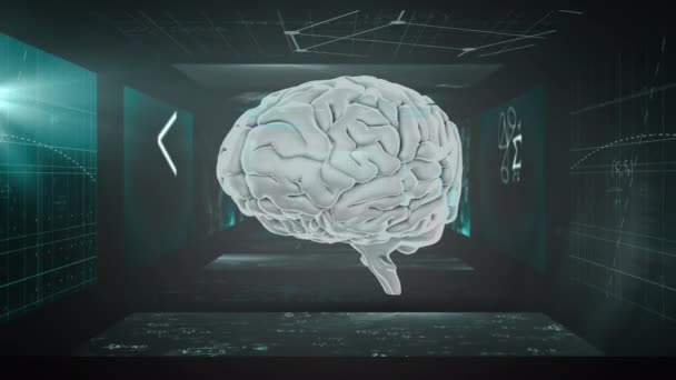 人間の脳は緑色の背景に数学的方程式と記号を持つ画面に対して回転する 医学研究科学技術の概念は — ストック動画
