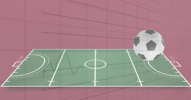 Statistische Verwerking Van Gegevens Meerdere Voetballen Vallen Voetbalveld Tegen Een — Stockvideo